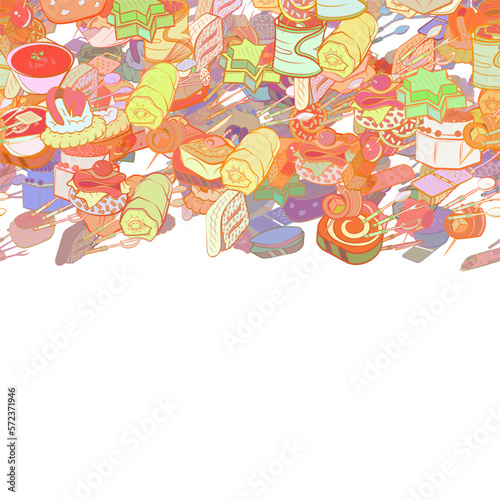 Background pattern abstract design texture. Cutlery and Snacks. Horizontal seamless stripe. Border frame, transparent background. Theme is about cake, vitamins, rice, covered, cucumber roll