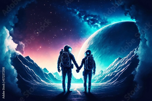 Astronaut couple holding hands in cinematic world © Heisenberg1992