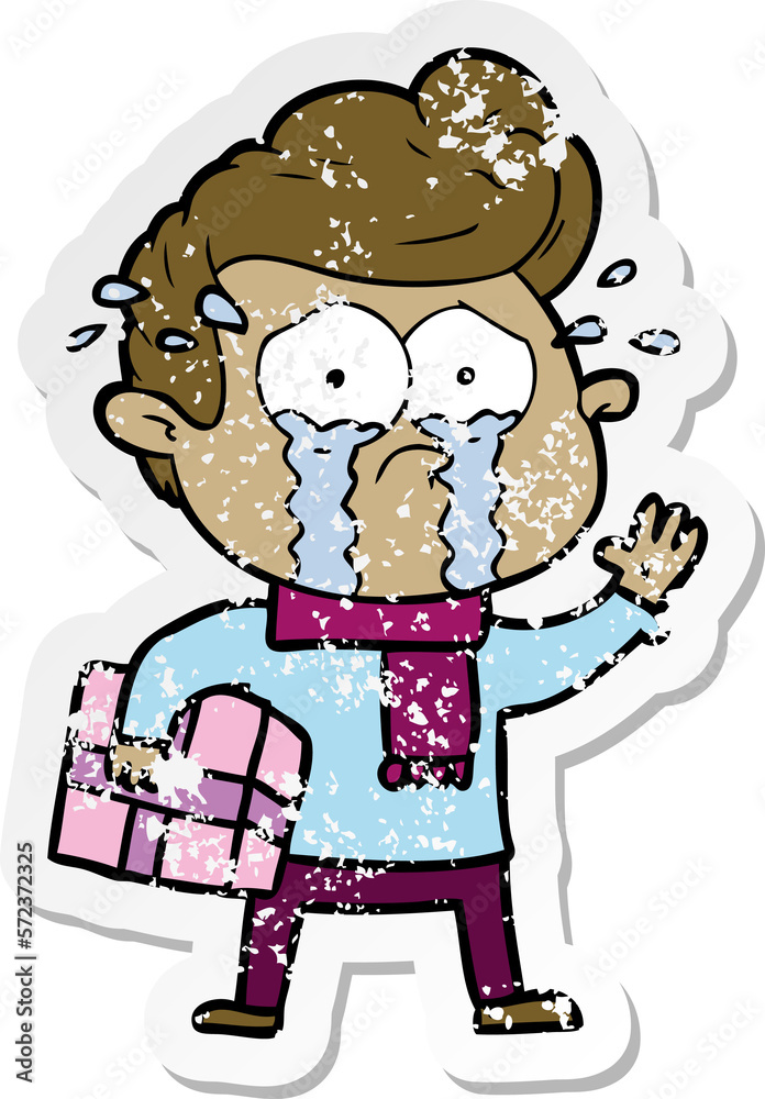 distressed sticker of a cartoon crying man with present