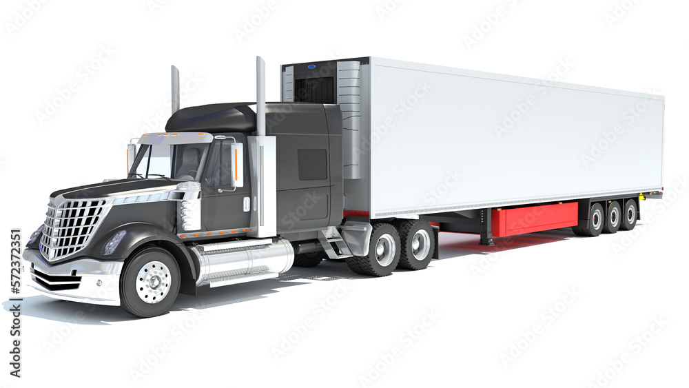 Truck with Reefer Refrigerator Trailer 3D rendering on white background