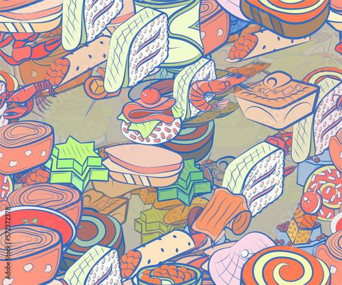 Background pattern abstract design texture. Seamless. Snacks and Seafood. Theme is about strung up, roll, covered, six-pointed, twisted filling, shell, soup, sea, fish, mussels, marshmallows