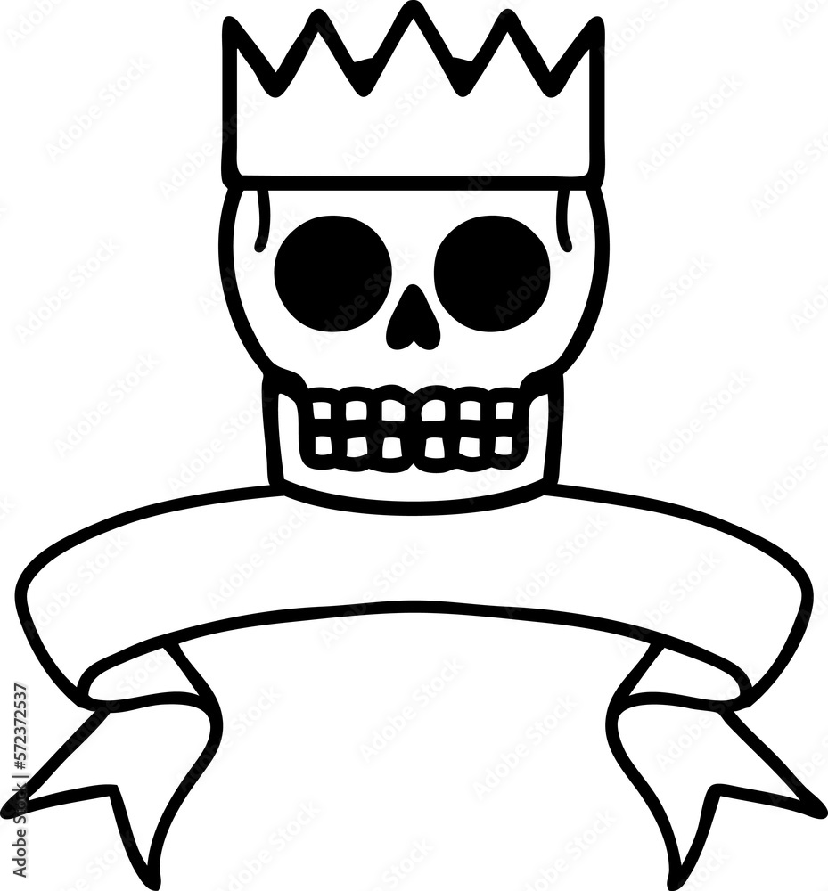 black linework tattoo with banner of a skull and crown black linework tattoo with banner of a skull and crown