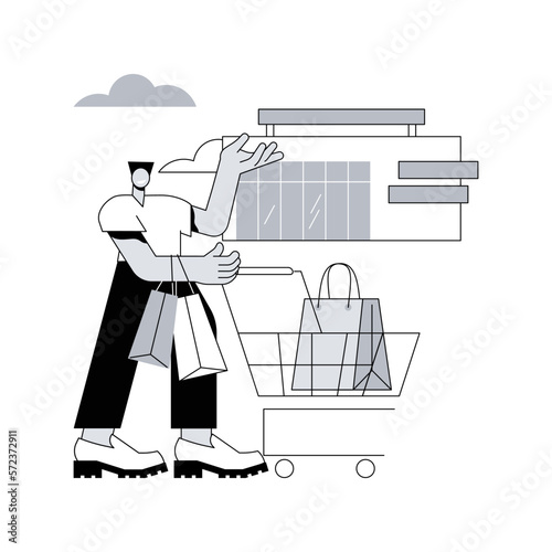 Big box store abstract concept vector illustration. Superstore, big box discounter, large area store, shopping center, retail park, general merchandise, specialized megastore abstract metaphor.