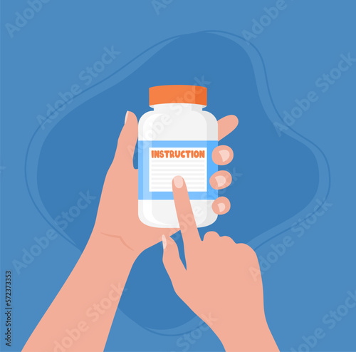 Hands holding a jar with medicine or vitamins and instruction for use on it. Vector illustration in flat style