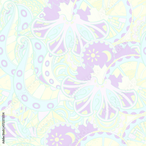 Tracery seamless pattern. Mehndi design. Pastel. 7 colors. Ethnic doodle texture. Curved doodling background. Vector