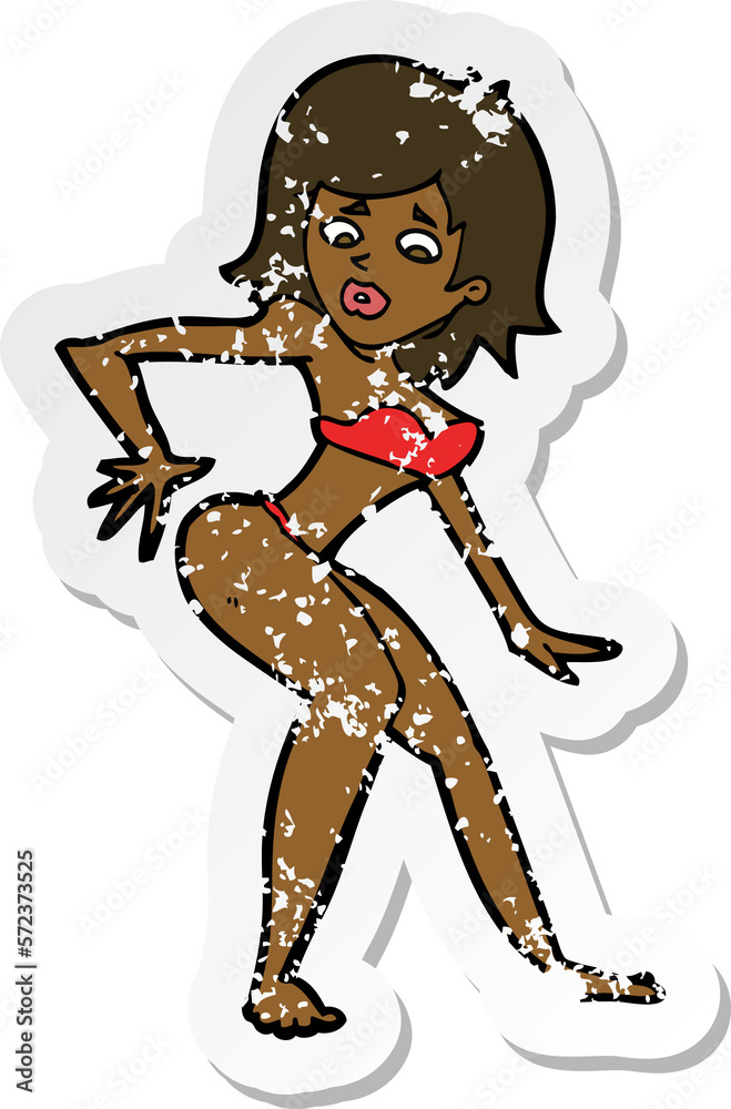 retro distressed sticker of a cartoon woman in bikini retro distressed sticker of a cartoon woman in bikini