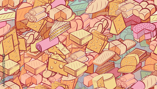 Background pattern abstract design texture. Seamless. Cheeses and Bakery products. Theme is about saturated with filling, spicy, piece of cheese, dissected, briquette, slice, cheesecake