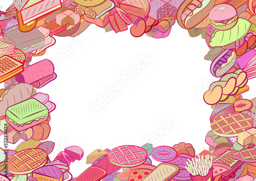 Background pattern abstract design texture. Bakery products and American food. Border frame, transparent background. Theme is about pancakes, cutlet, twist, sausage, pie, biscuit, waffles