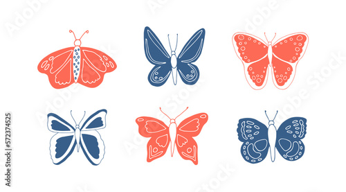 Set of six blue, white and red hand drawn cute vector butterflies. Butterfly vector illustration. photo