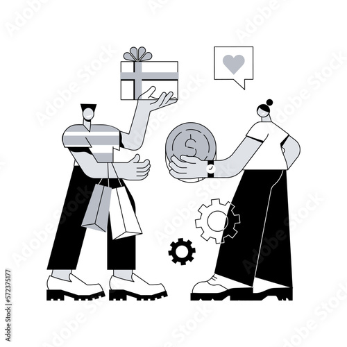 Face-to-face selling abstract concept vector illustration. Retail shop, happy customer, consumer service, personal discount, sales strategy, buy and sell product, brand success abstract metaphor.