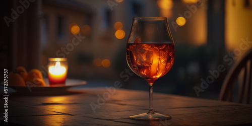 Sunset city evening street cafe glass of orange wine and candles on wooden table ,houses and blurred light generated ai