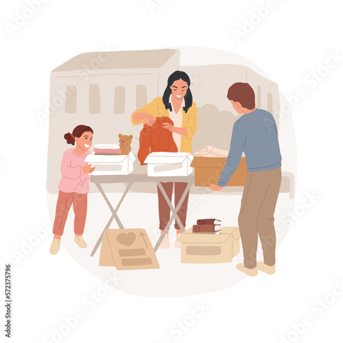 Community centre isolated cartoon vector illustration. Charity event, people collect clothes in front of community building, kids help with donation boxes, local cultural center vector cartoon.