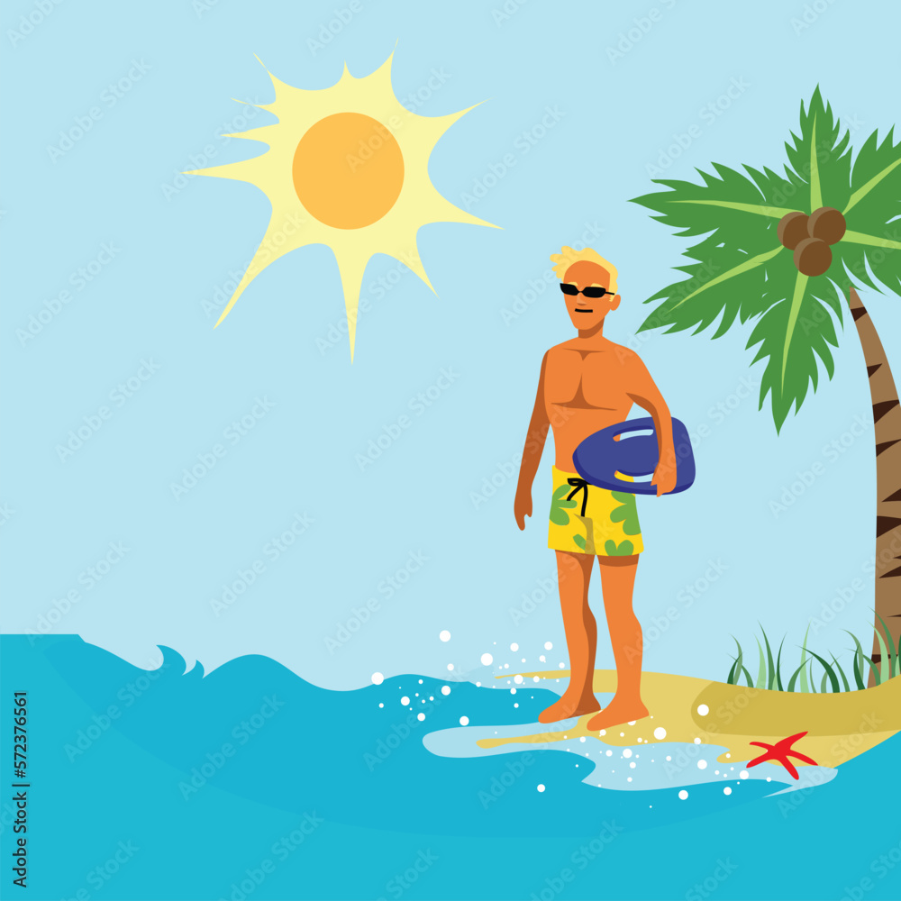Summer activity. Man and surfboard. Summertime and Vacation. Vector Flat file.