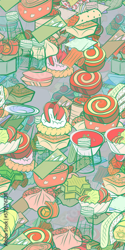 Background pattern abstract design texture. Seamless. Snacks and Table setting. Theme is about satiety, topping, napkins, plate, six-pointed, rice, caramel, lettuce leaf, spoon, marshmallows