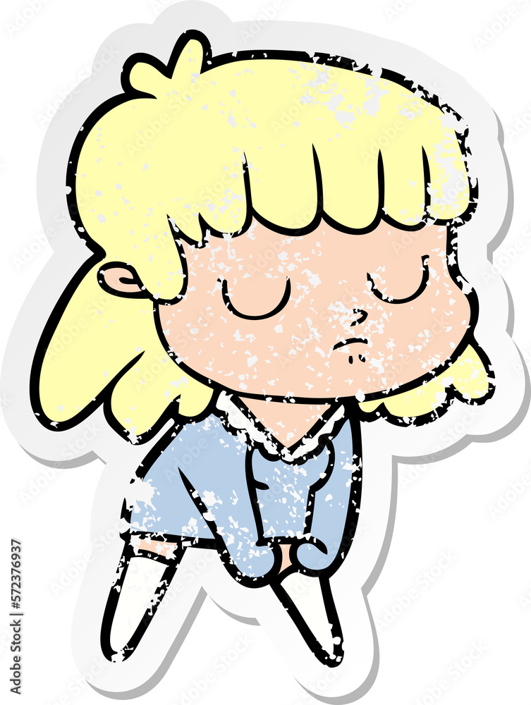 distressed sticker of a cartoon indifferent woman distressed sticker of a cartoon indifferent woman