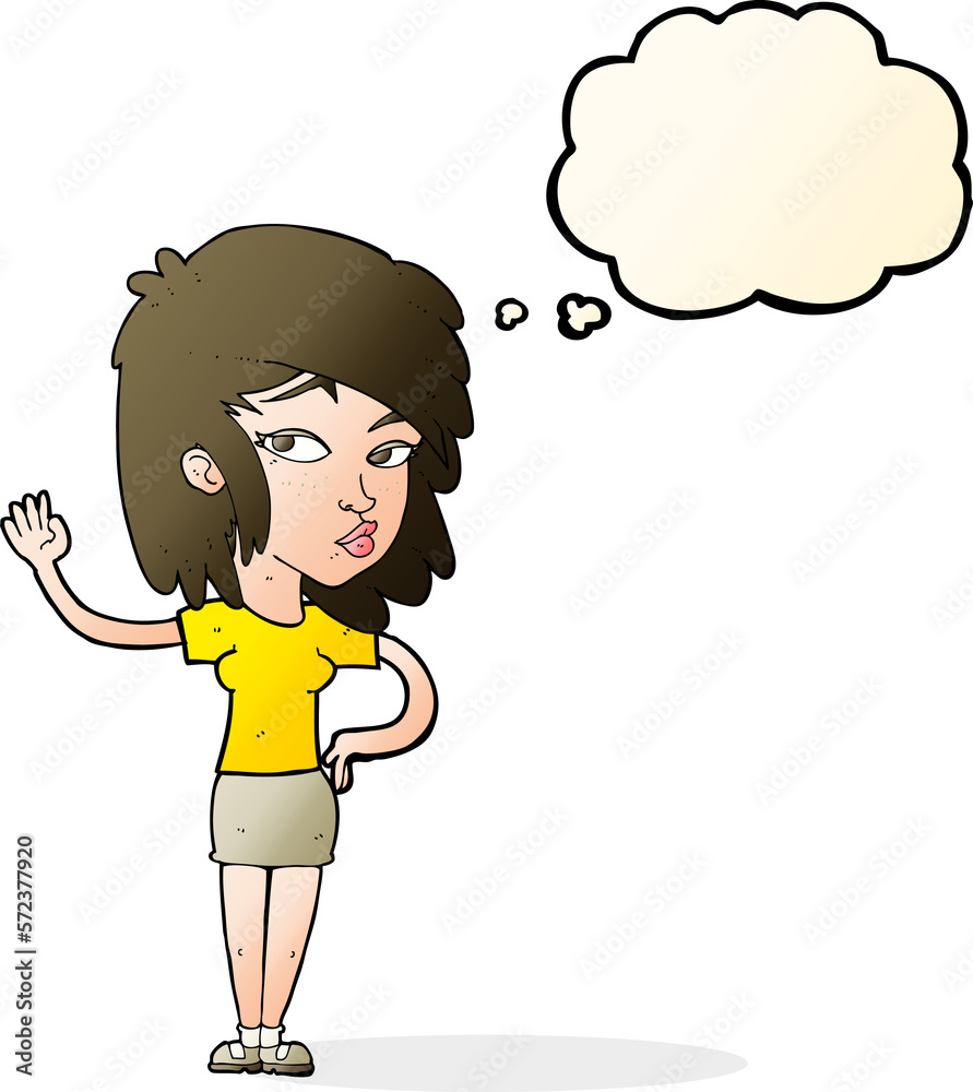 cartoon pretty woman waving with thought bubble cartoon pretty woman waving with thought bubble