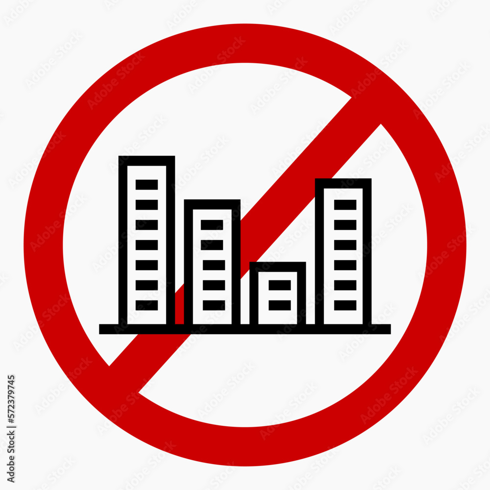 No city icon. No building. No pollution of nature. Illustration of the prohibition of high-rise buildings. Vector icon. No city icon. No building. No pollution of nature. Illustration of the prohibition of high-rise buildings. Vector icon.