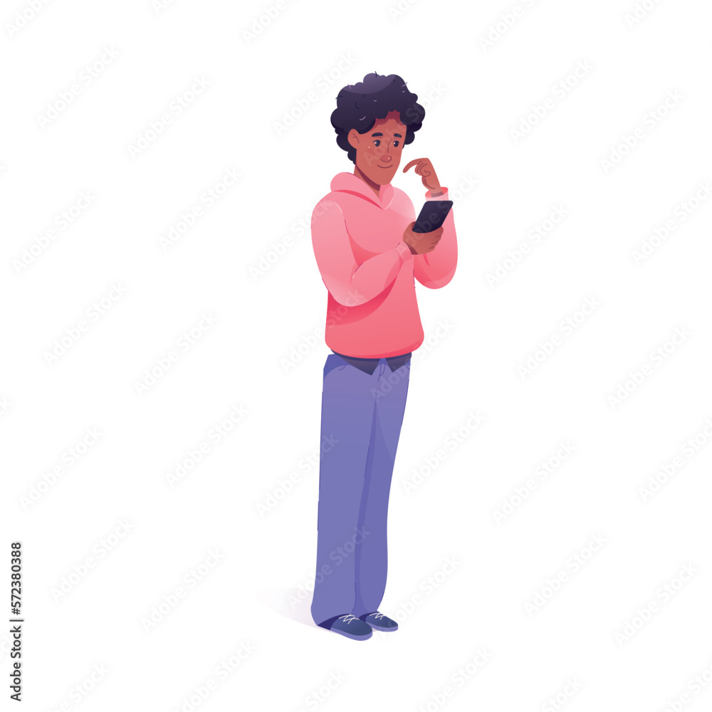 Young African American Man Using Smartphone as Mobile Device Vector Illustration Young African American Man Using Smartphone as Mobile Device Vector Illustration