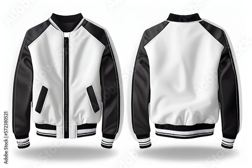 illustration of jumper in blank and white color, piping varsity bomber jacket, generative ai, mokcup for uniform and sportswear, empty space for fashion template