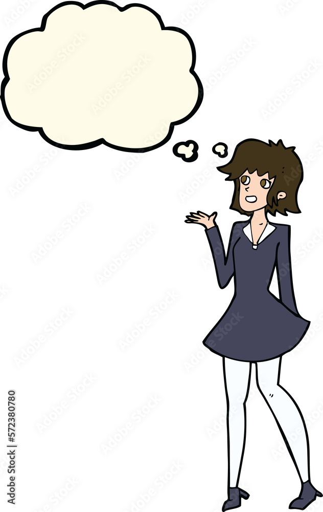 cartoon pretty woman in dress with thought bubble cartoon pretty woman in dress with thought bubble