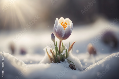 First spring flowers. Blooming flower covered snow with blurry bokeh and sparkling detail. Ai generated art © Shootdiem