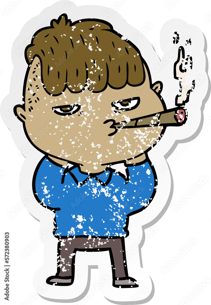 distressed sticker of a cartoon man smoking distressed sticker of a cartoon man smoking