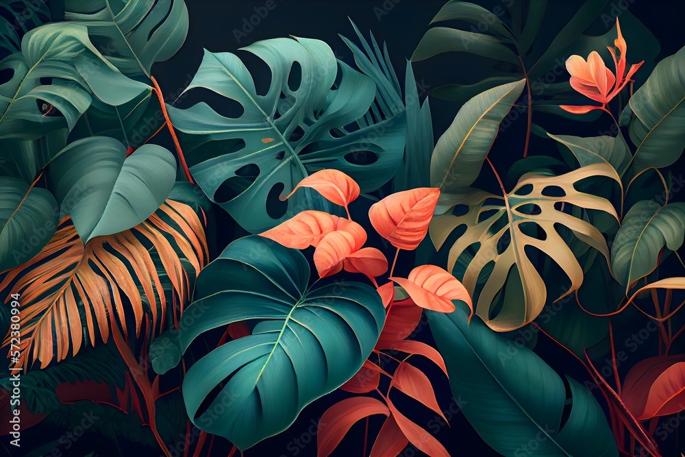Red and green leaves, Classic tropical plant wallpaper generative ai