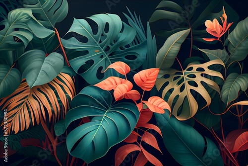 Red and green leaves, Classic tropical plant wallpaper generative ai, high quality