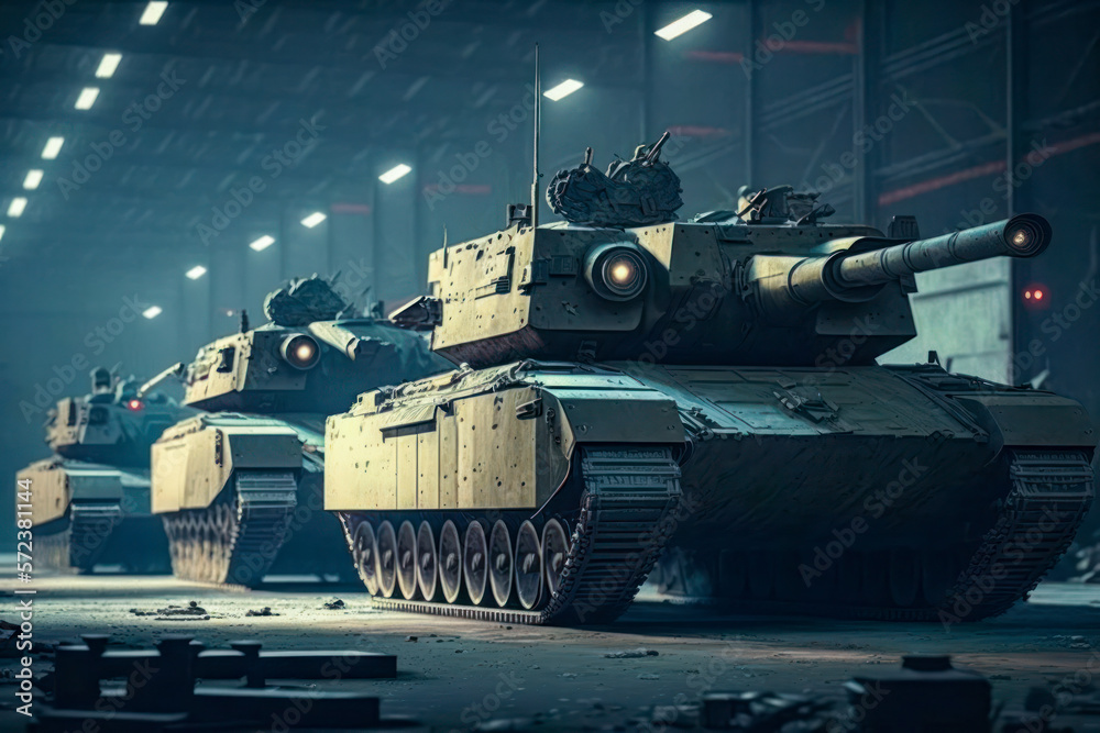 A Group Of Modern Military Battle Tank In Hangar After Military Mission. A Group Of Modern Military Battle Tank In Hangar After Military Mission.
