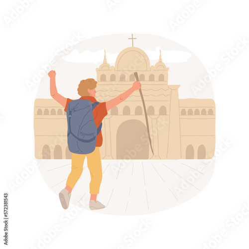 Religious pilgrimage isolated cartoon vector illustration. Young man pilgrim getting to the Christian holy place, religious pilgrimage, Christian rituals, spiritual practice vector cartoon.