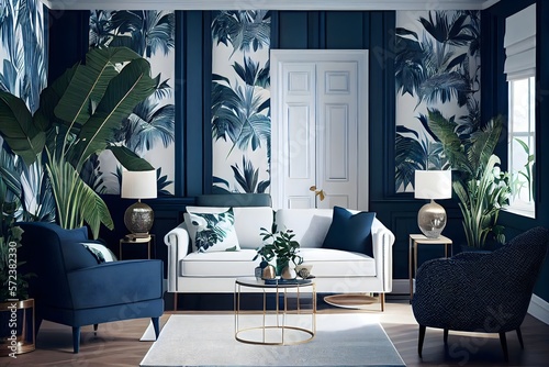 Hotel living room with classic tropical plant wallpaper, tropical interior design, generative ai, blue and white as the Color of the Year for both the living and internal spaces. photo