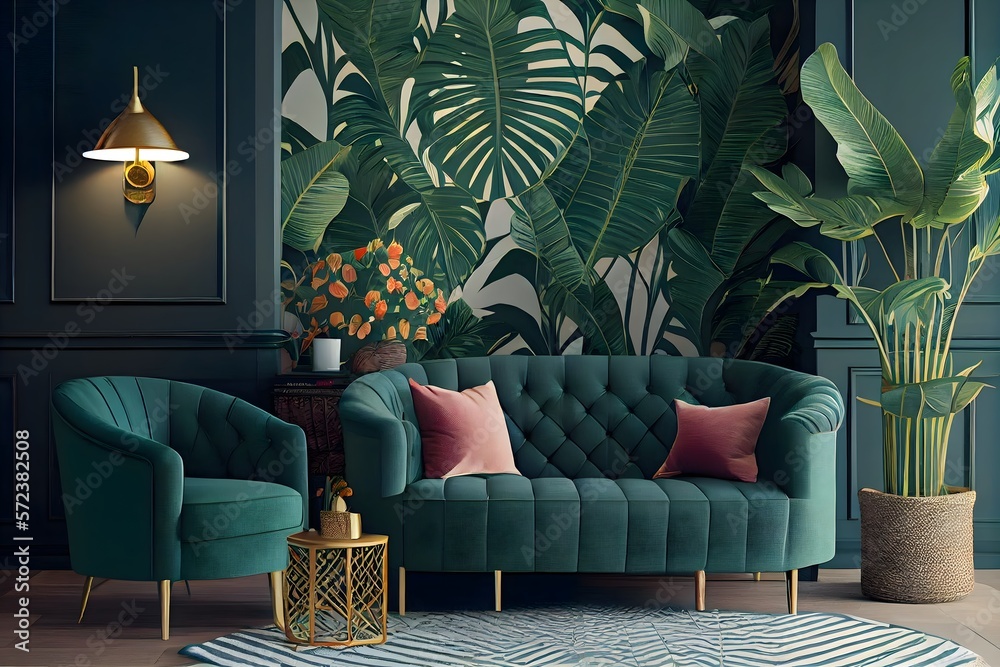 Hotel living room with classic tropical plant wallpaper, tropical ...