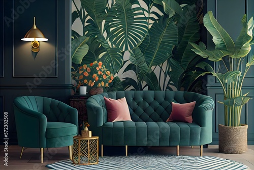 Hotel living room with classic tropical plant wallpaper, tropical interior design, generative ai, and green as the Color of the Year for both the living and internal spaces. photo