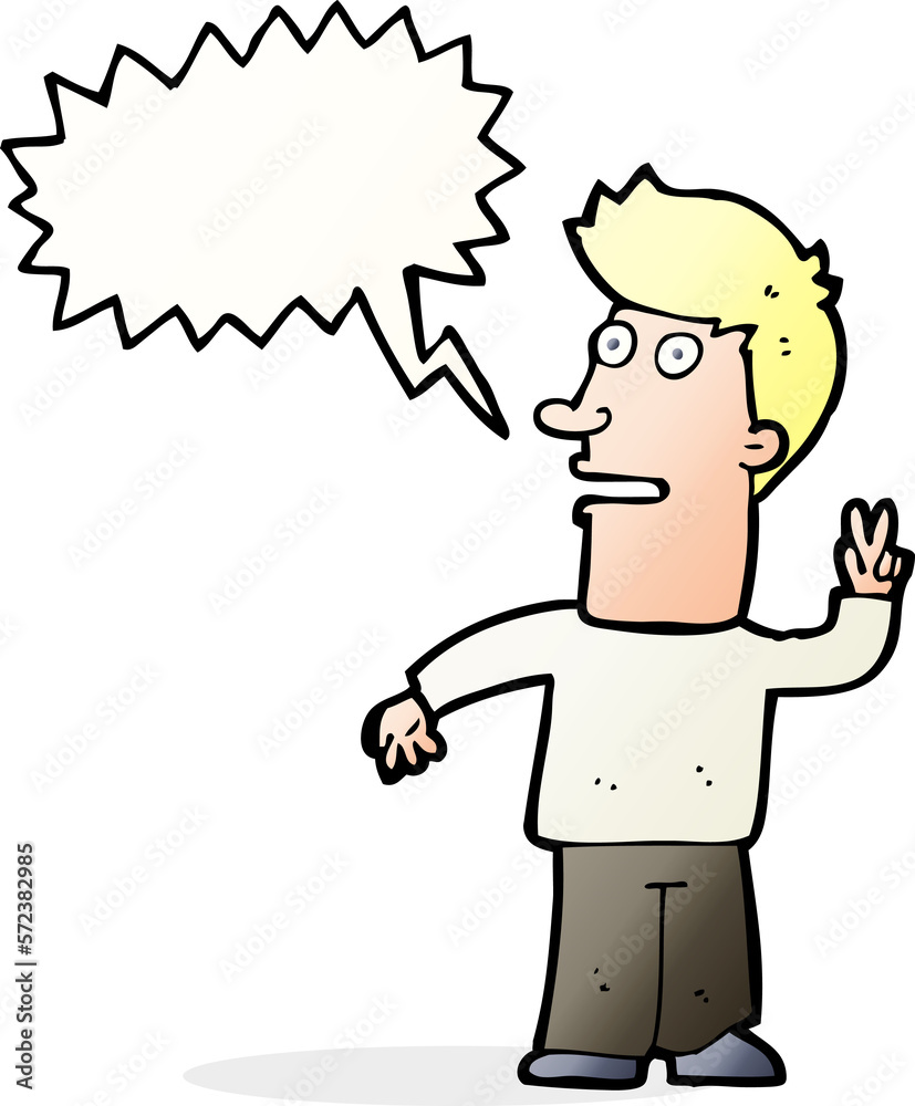 cartoon man making peace sign with speech bubble cartoon man making peace sign with speech bubble