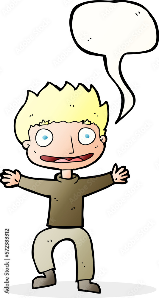 cartoon grinning boy with speech bubble