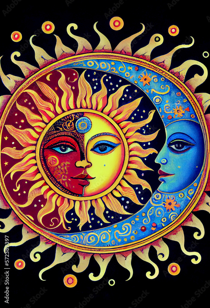 Obraz premium Generative AI render of a sun and moon themed illustration
