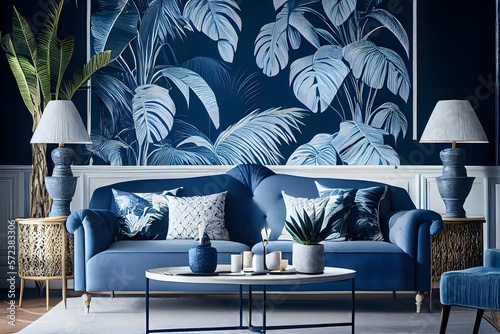 Hotel living room with classic tropical plant wallpaper, tropical interior design, generative ai, blue and white as the Color of the Year for both the living and internal spaces. photo