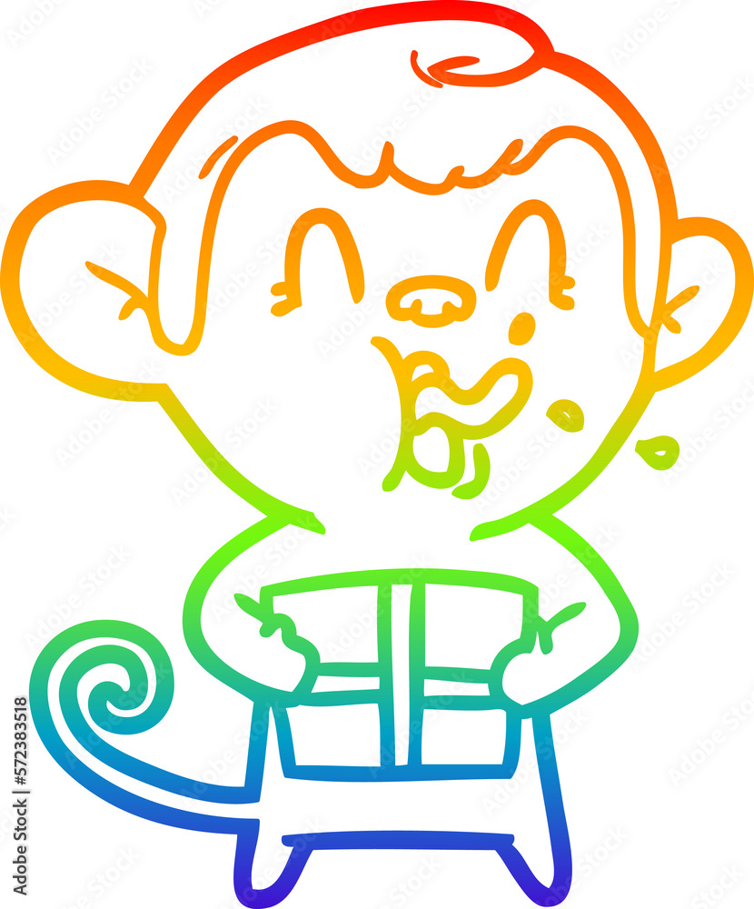 rainbow gradient line drawing crazy cartoon monkey with christmas present rainbow gradient line drawing crazy cartoon monkey with christmas present