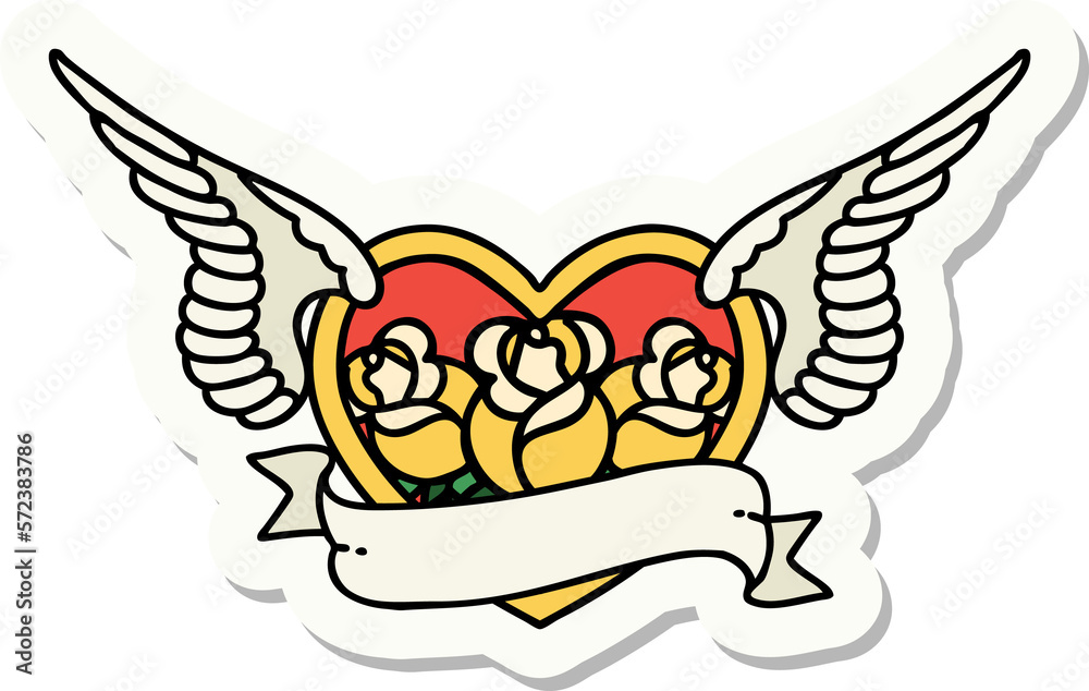 tattoo style sticker of a flying heart with flowers and banner tattoo style sticker of a flying heart with flowers and banner