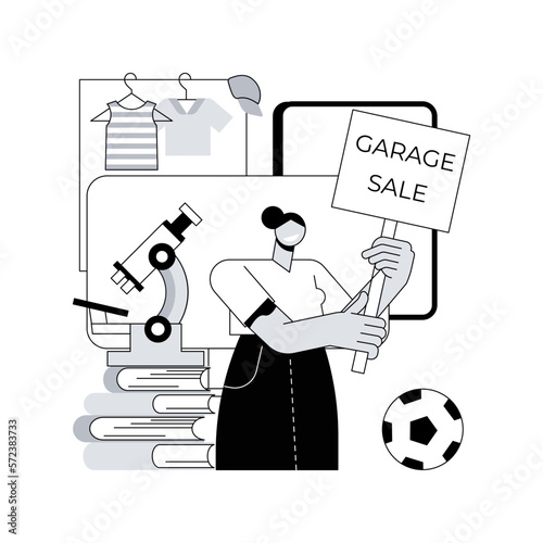 Garage sale abstract concept vector illustration. Flea market, second hand goods, garage selling day, vintage clothing give away, used inventory, yard pop up rummage sale abstract metaphor.