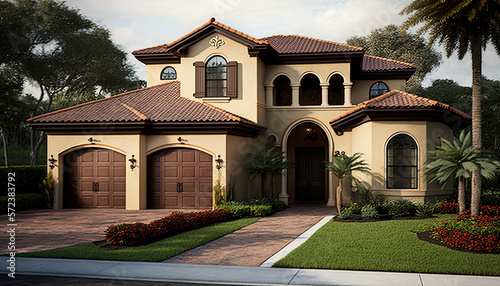 Florida real estate, beautiful house with garage, yellow, grey, brown