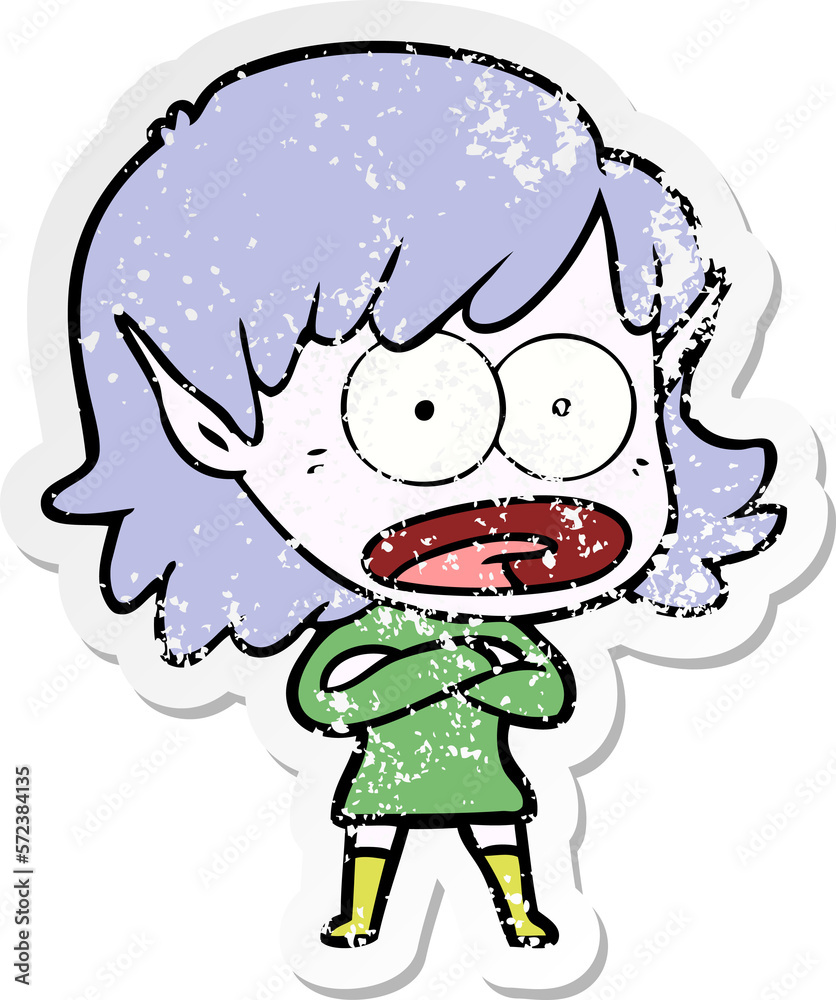 distressed sticker of a cartoon shocked elf girl distressed sticker of a cartoon shocked elf girl