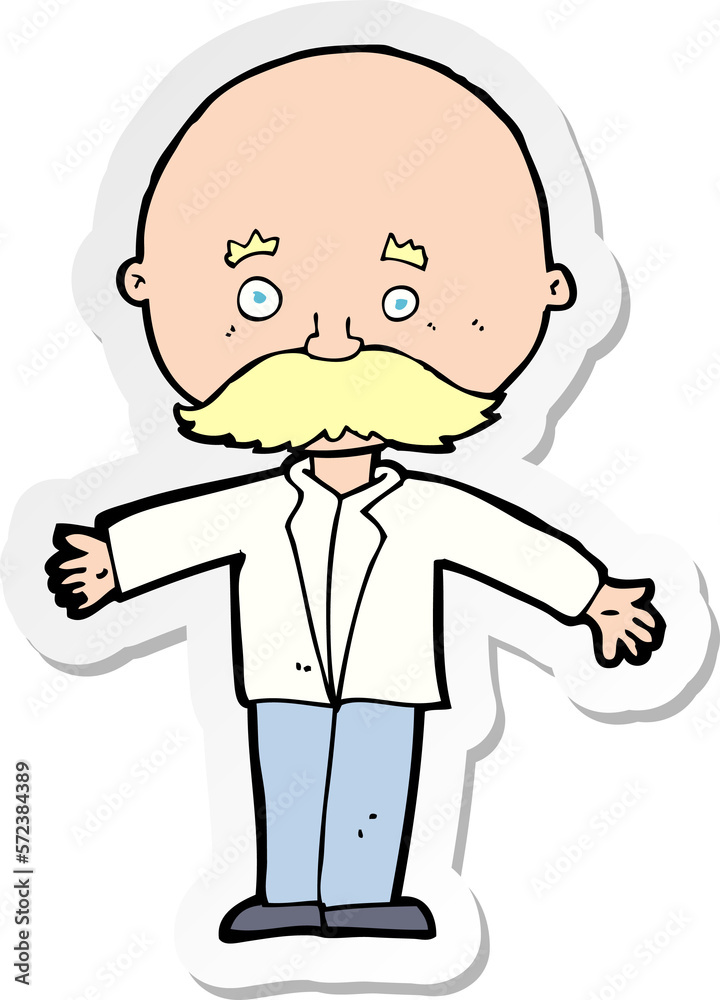 sticker of a cartoon bald man with open arms