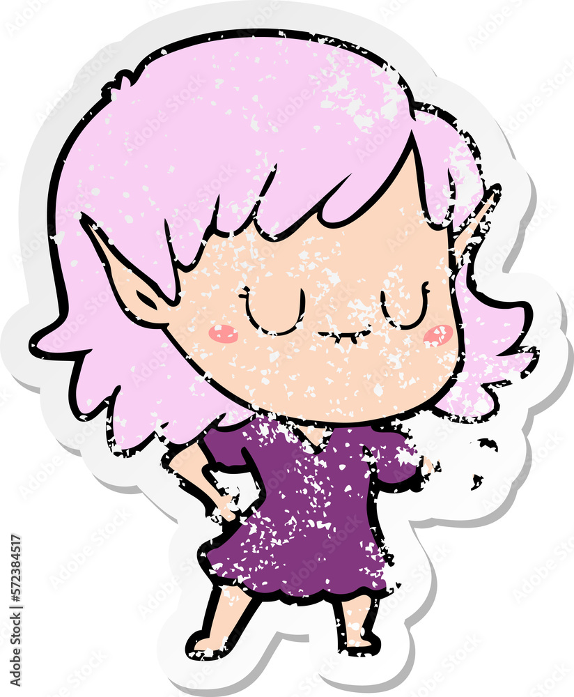 distressed sticker of a happy cartoon elf girl wearing dress distressed sticker of a happy cartoon elf girl wearing dress
