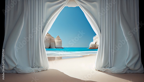 White curtains opening  revealing paradise beach. generative AI