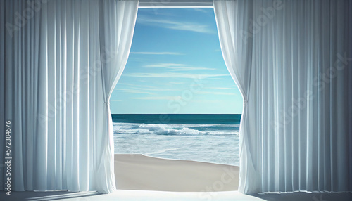 White curtains opening  revealing paradise beach. generative AI