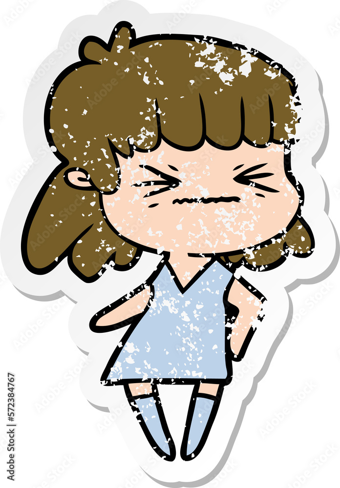 distressed sticker of a cartoon angry girl distressed sticker of a cartoon angry girl