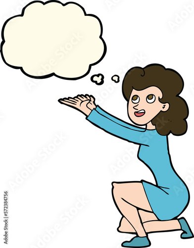 cartoon woman presentation gesture with thought bubble