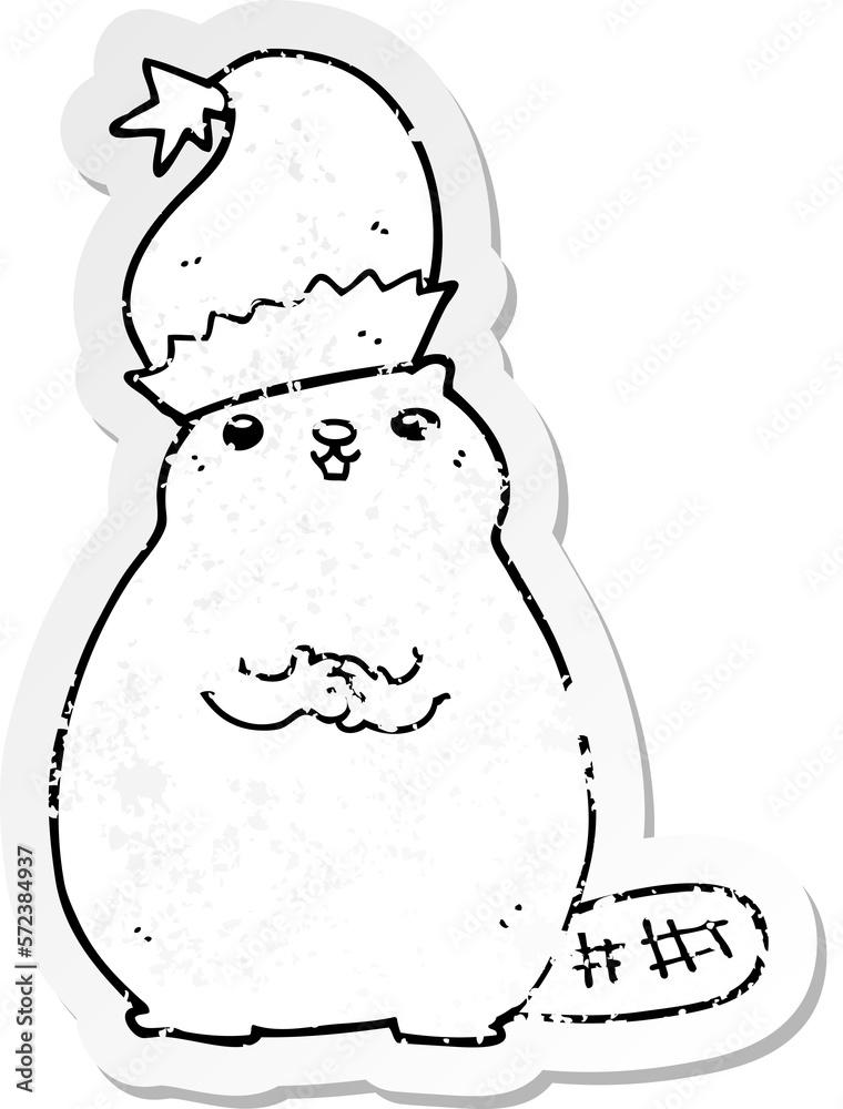 distressed sticker of a cartoon christmas beaver distressed sticker of a cartoon christmas beaver