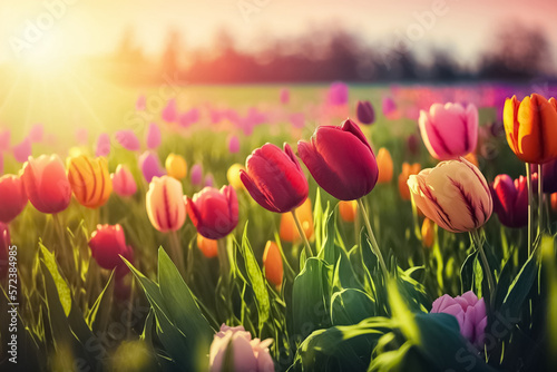 Close up of fields of blossoming Colorful tulips during spring. Blooming tulips field illuminated in spring by the sun. generative AI